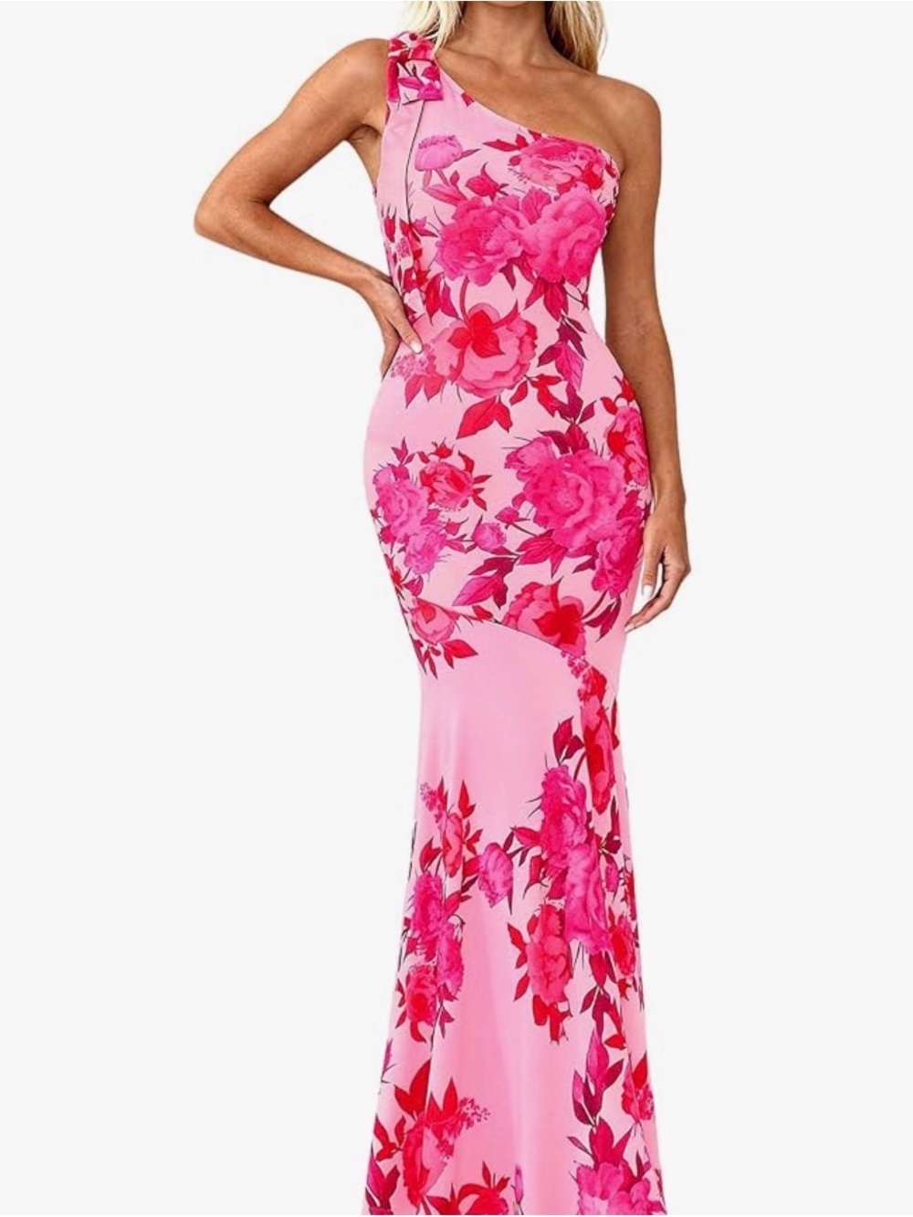 Asymmetric One-Shoulder Pink Floral Evening Dress - Picture 2 of 4